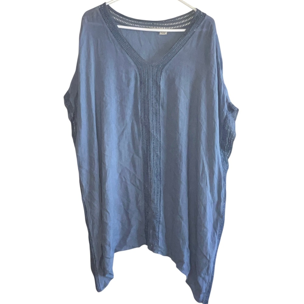 Rayasun Blue Crochet Trim V Neck Swim Cover Up Kaftan Tunic Top Women's‎ S/M